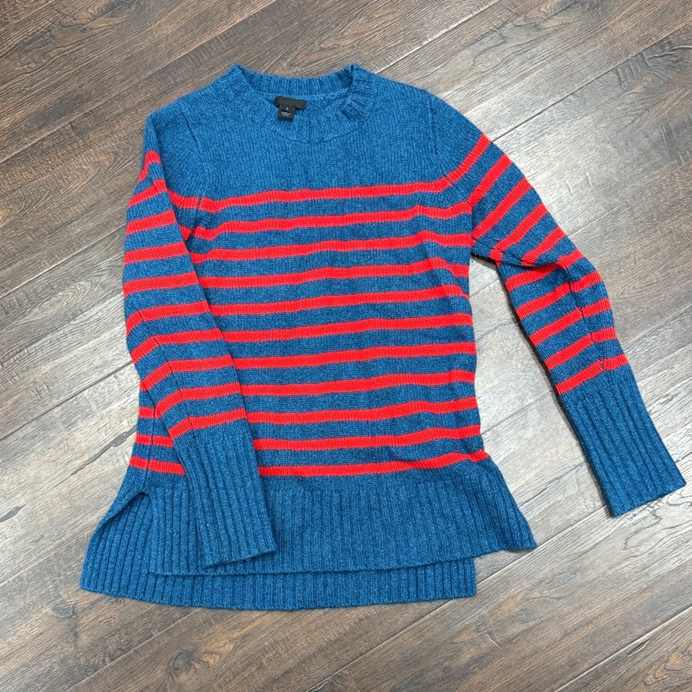 J. Crew Blue and Red Striped 88% cashmere Sweater